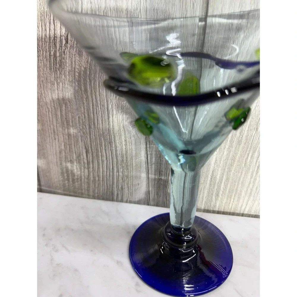 Hand Blown Recycled Glass Margarita Glass Cobalt Blue Spiral Green Dots Mexico